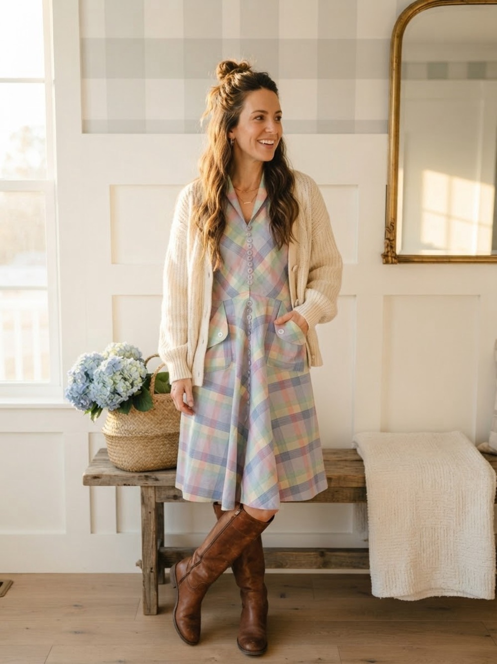 Pastel Plaid Button-Front Midi Dress in Soft Multi 12